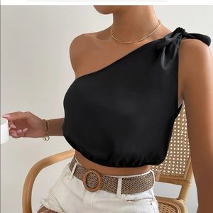 Black one shoulder satin tie top
